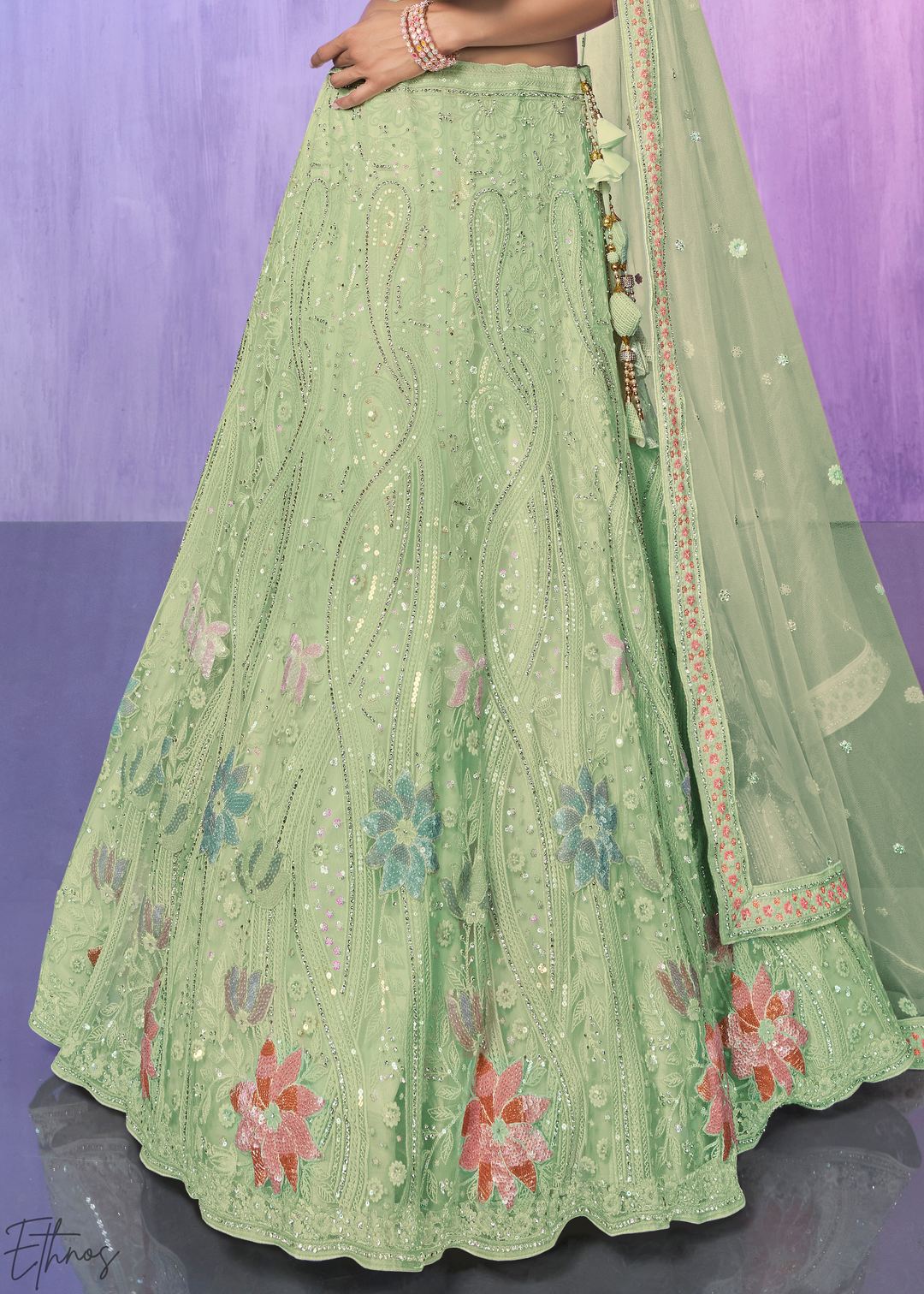 Pistachio Green Floral Embroidered Net Lehenga Choli