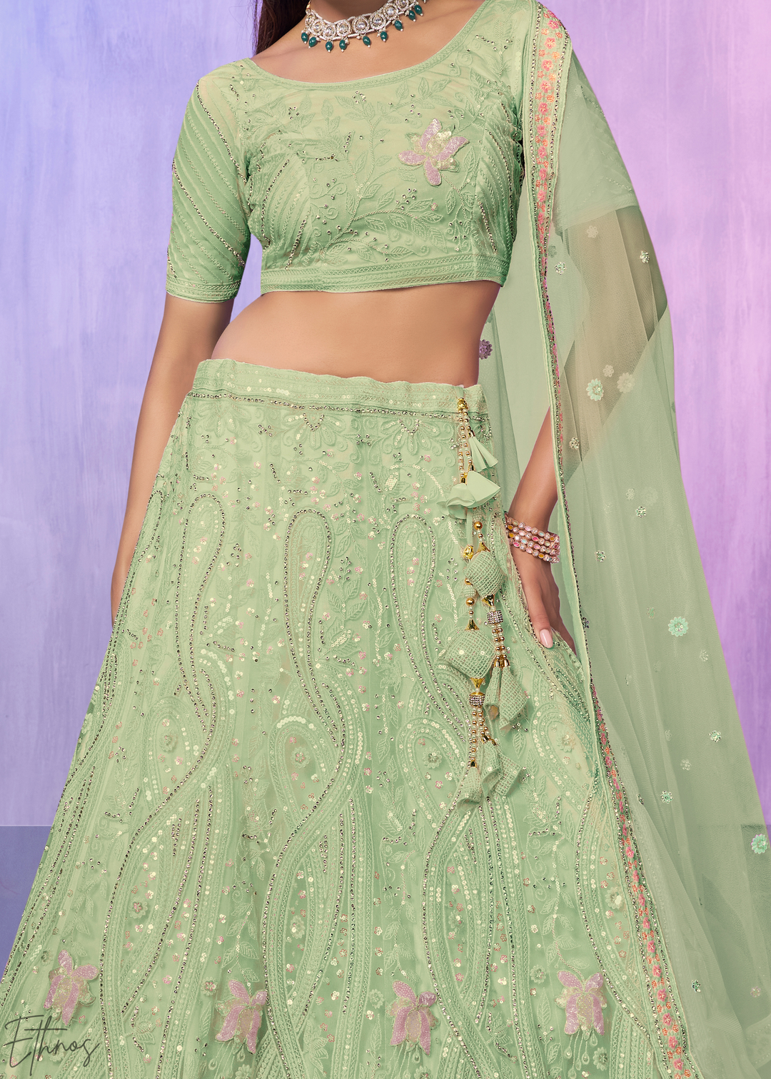 Pistachio Green Floral Embroidered Net Lehenga Choli