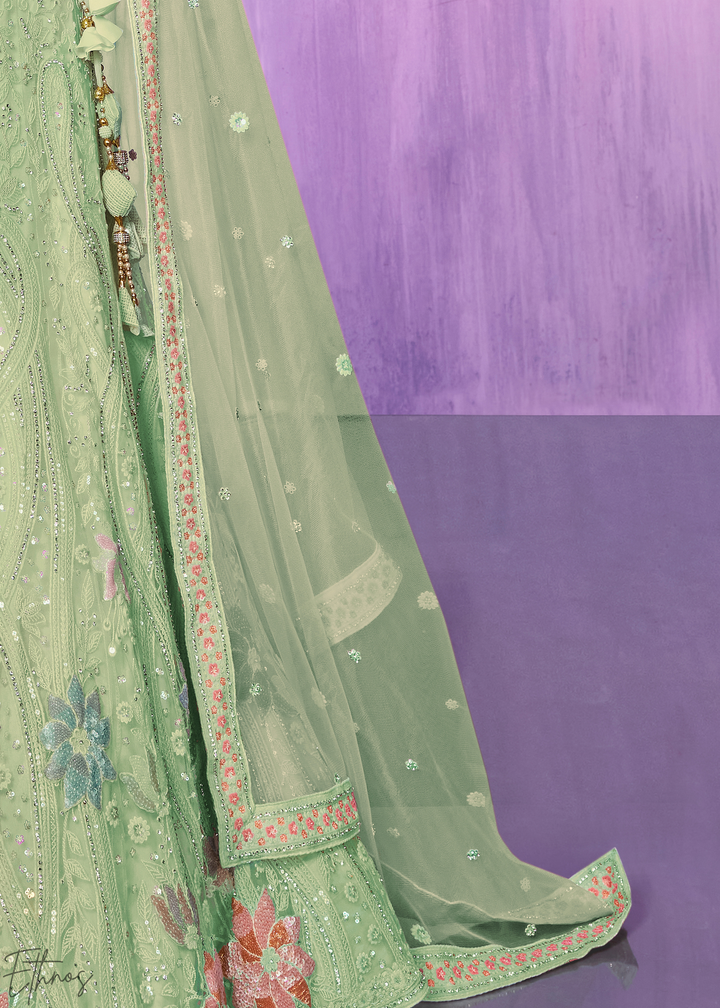 Pistachio Green Floral Embroidered Net Lehenga Choli