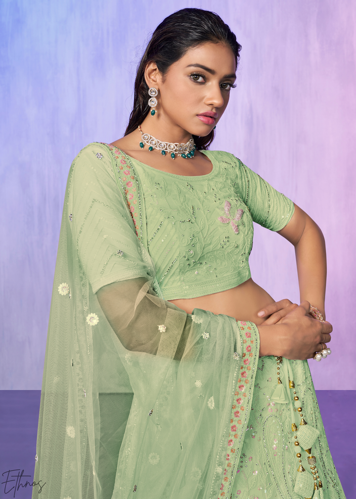 Pistachio Green Floral Embroidered Net Lehenga Choli