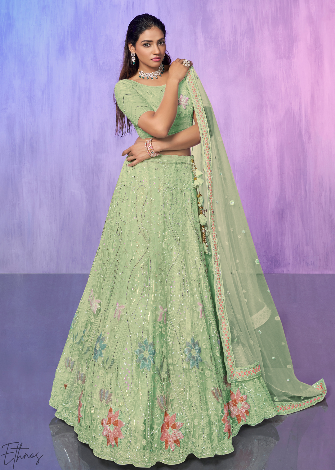 Pistachio Green Floral Embroidered Net Lehenga Choli