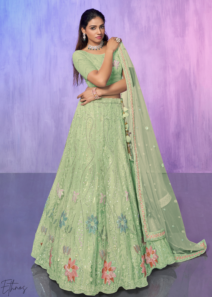 Pistachio Green Floral Embroidered Net Lehenga Choli
