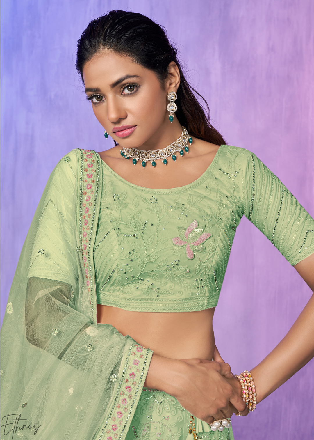 Pistachio Green Floral Embroidered Net Lehenga Choli