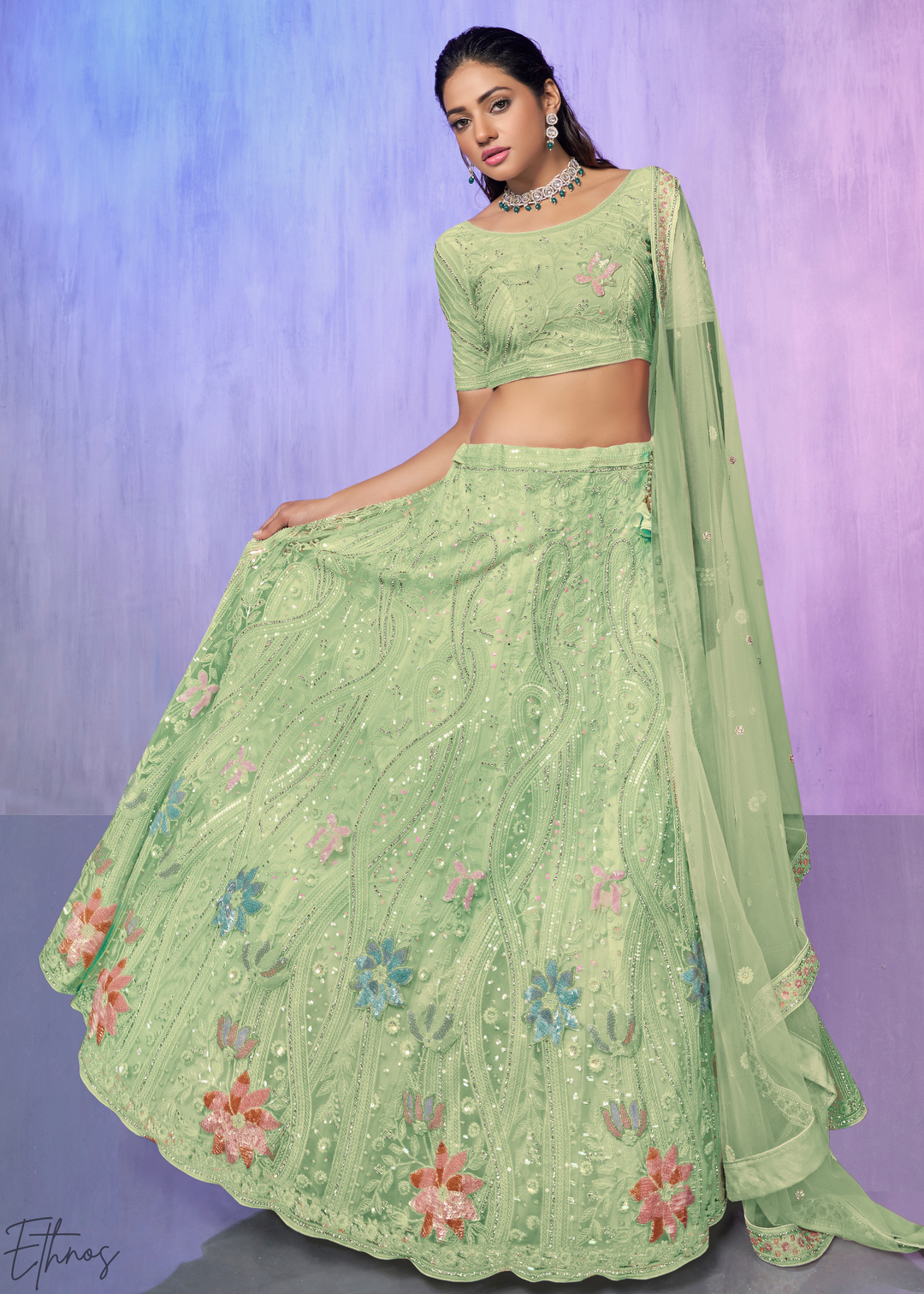 Pistachio Green Floral Embroidered Net Lehenga Choli