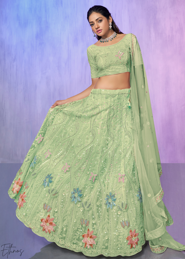 Pistachio Green Floral Embroidered Net Lehenga Choli