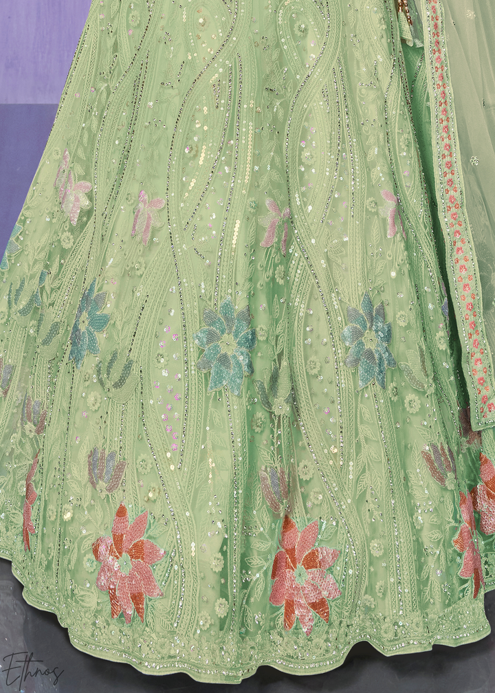 Pistachio Green Floral Embroidered Net Lehenga Choli