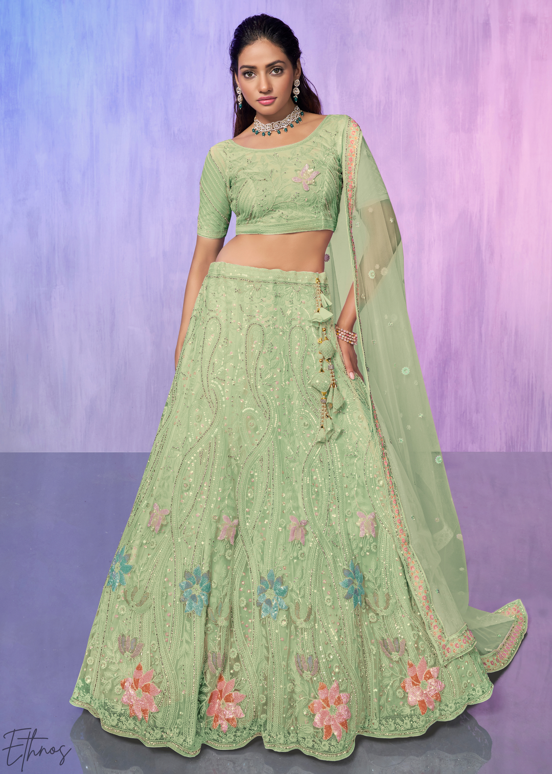 Pistachio Green Floral Embroidered Net Lehenga Choli