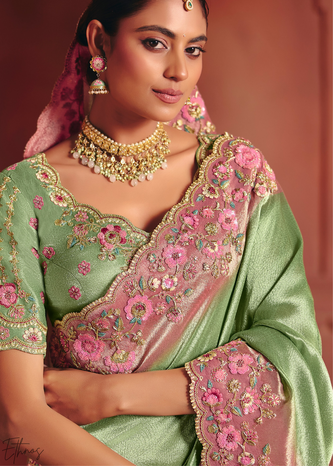 Pistachio Green Floral Resham Silk Saree