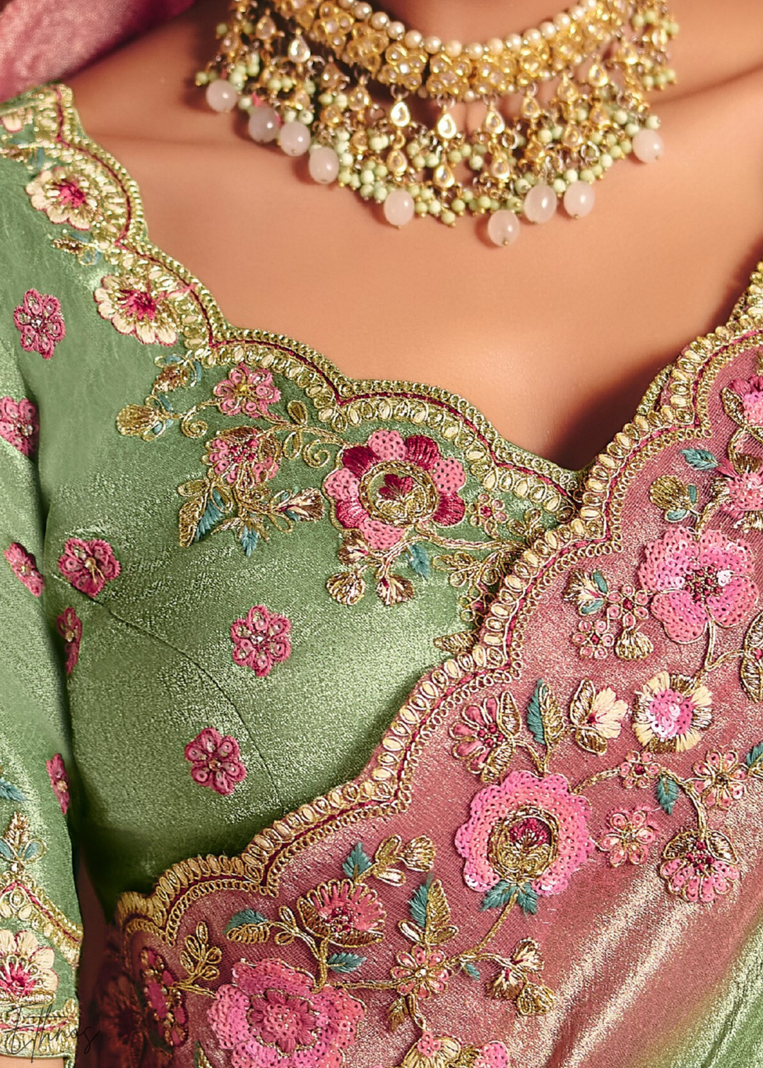 Pistachio Green Floral Resham Silk Saree