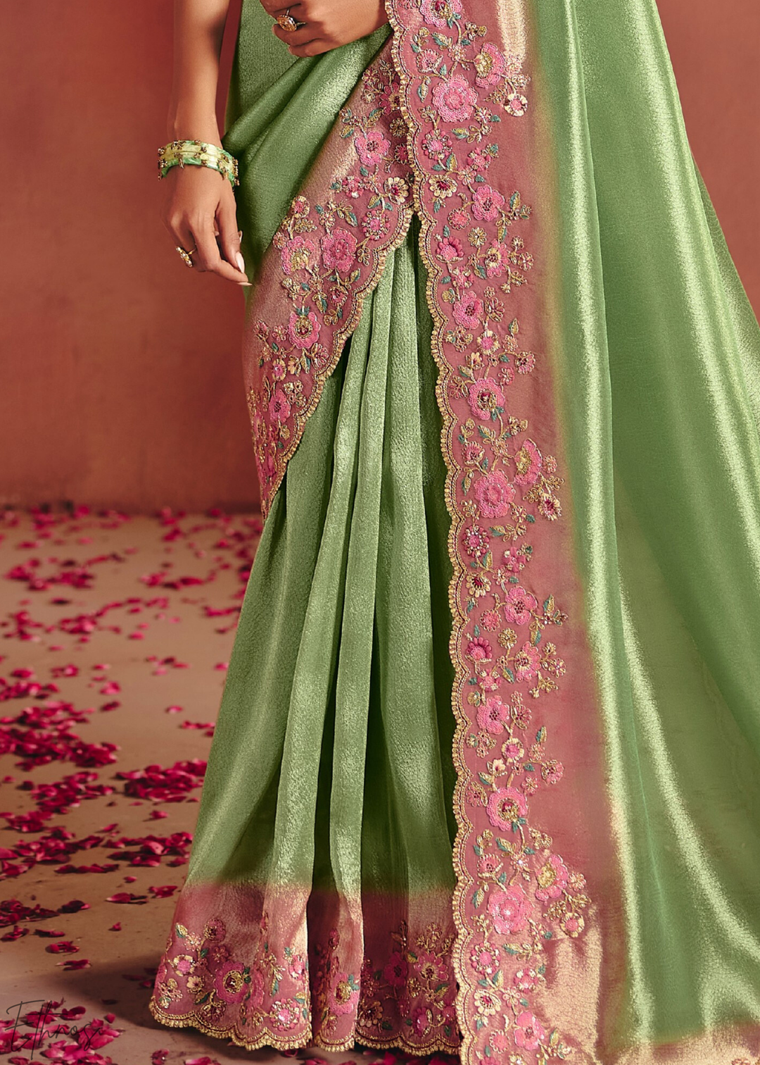 Pistachio Green Floral Resham Silk Saree