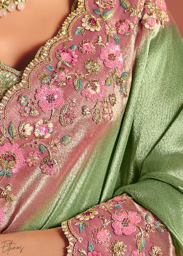 Pistachio Green Floral Resham Silk Saree