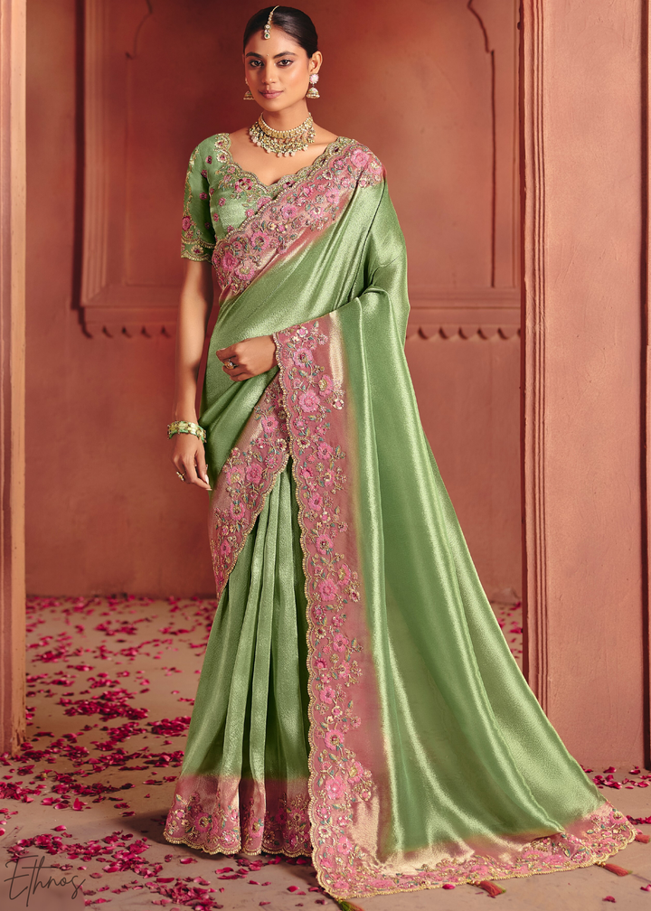 Pistachio Green Floral Resham Silk Saree