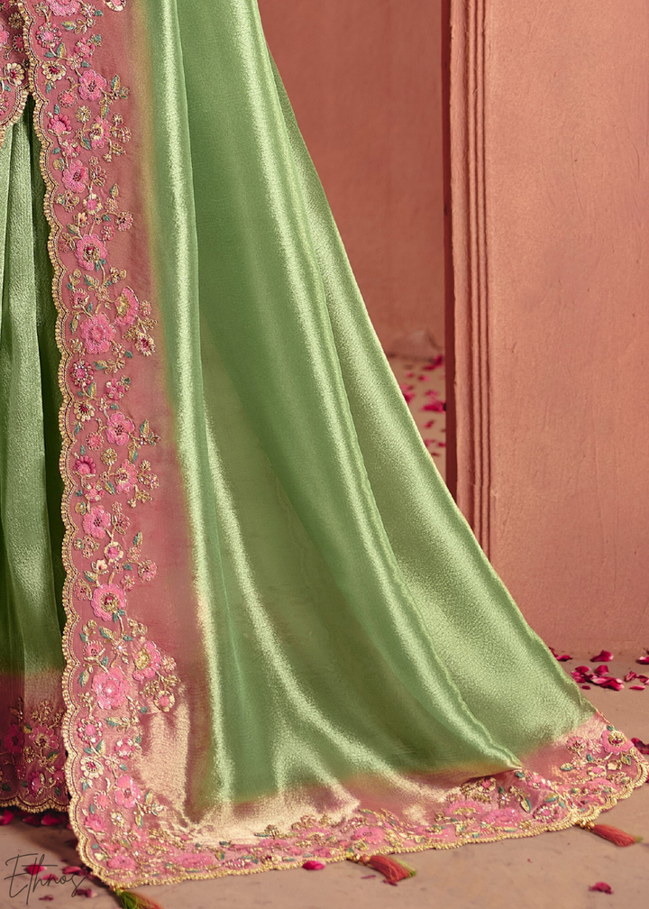 Pistachio Green Floral Resham Silk Saree