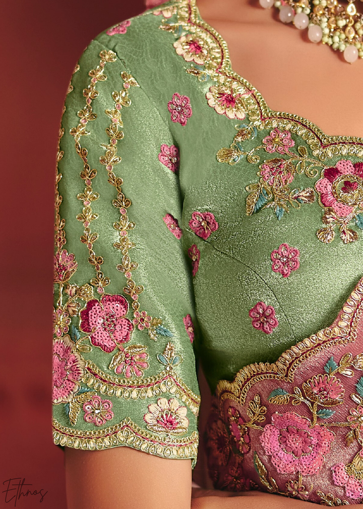 Pistachio Green Floral Resham Silk Saree