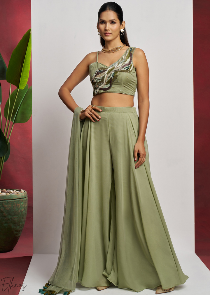 Pistachio Green Georgette Choli Palazzo Suit