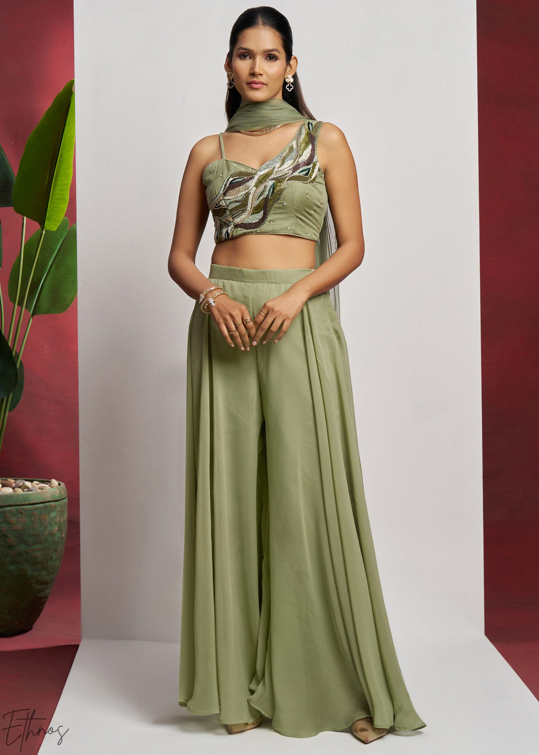 Pistachio Green Georgette Choli Palazzo Suit