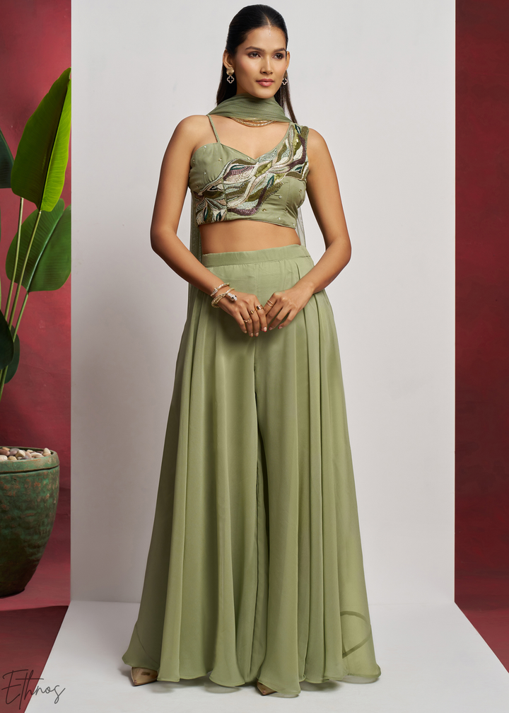 Pistachio Green Georgette Choli Palazzo Suit