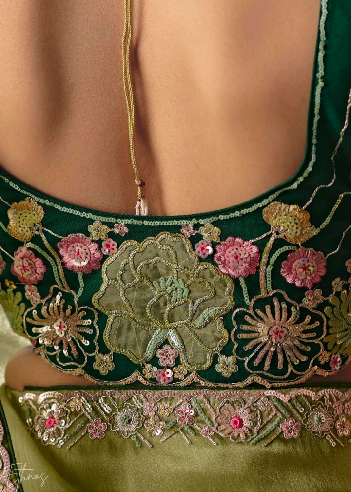 Pistachio Green Sequins Organza Saree