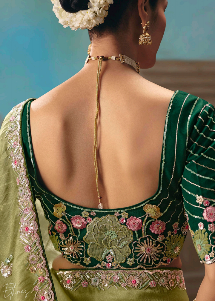 Pistachio Green Sequins Organza Saree