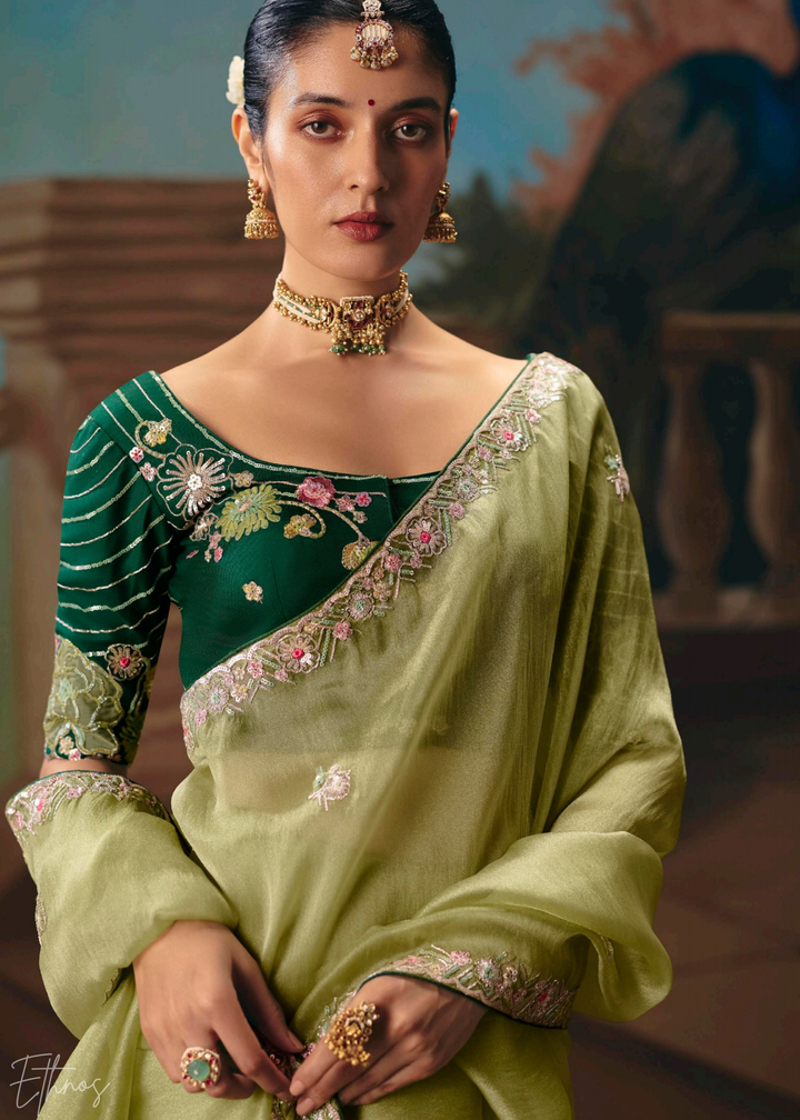 Pistachio Green Sequins Organza Saree