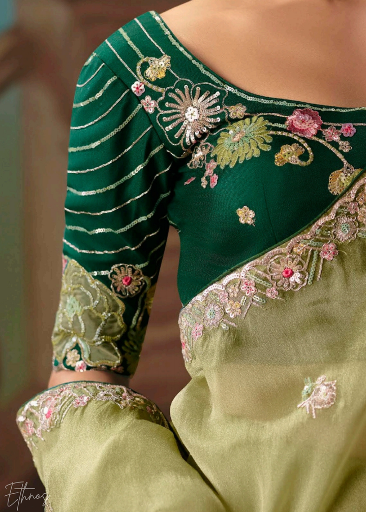 Pistachio Green Sequins Organza Saree