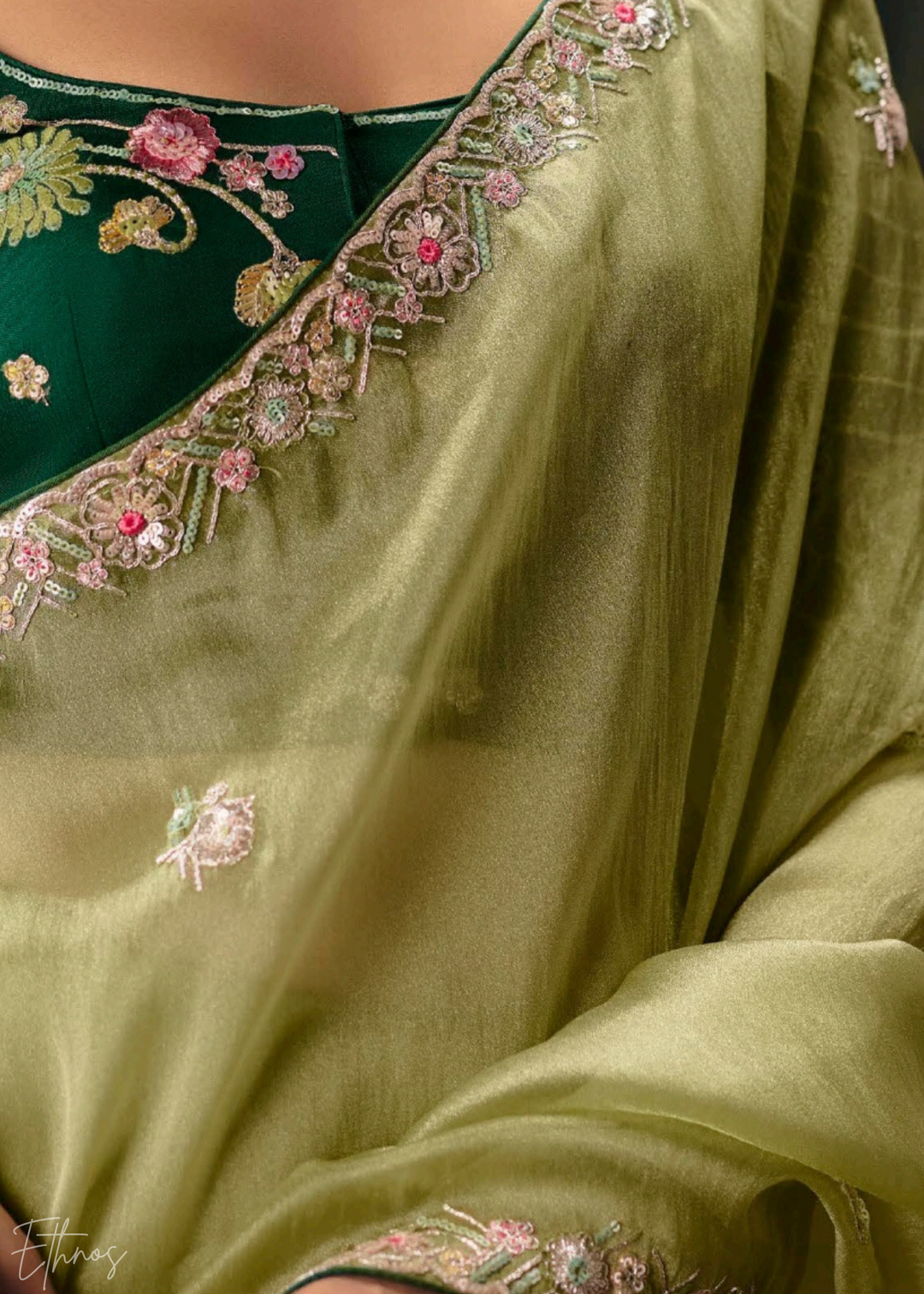 Pistachio Green Sequins Organza Saree