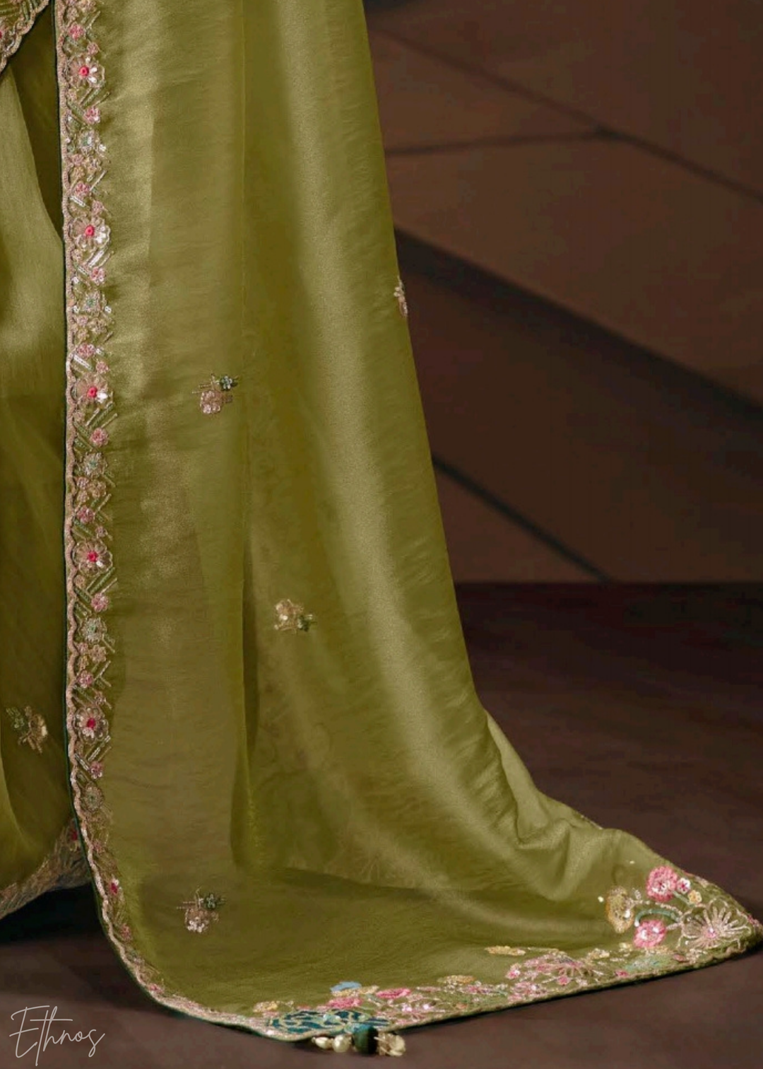 Pistachio Green Sequins Organza Saree