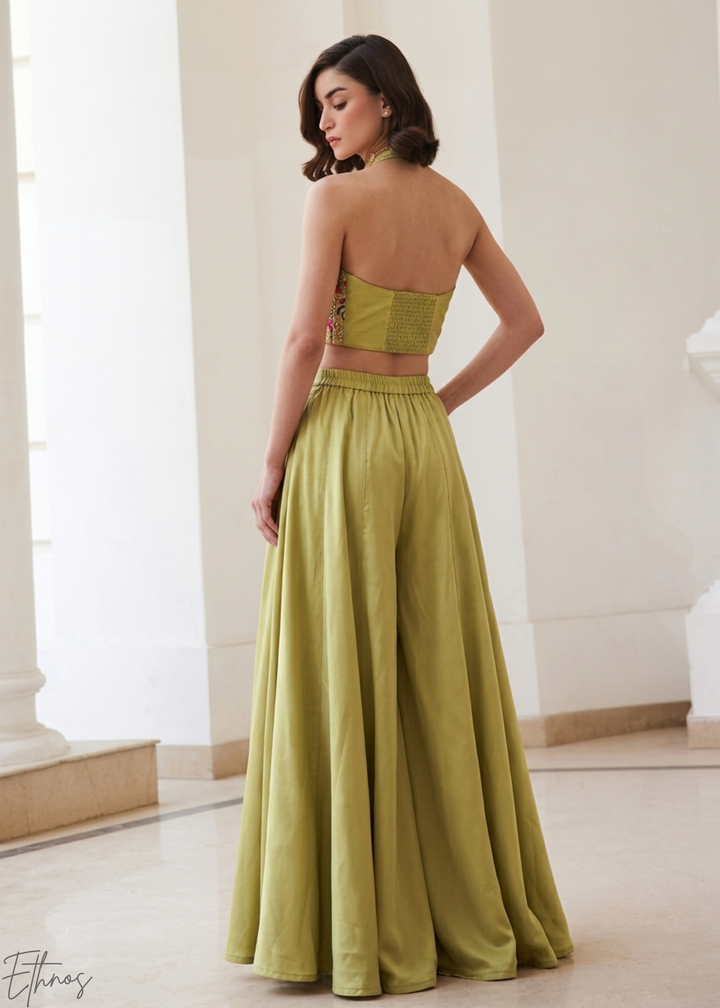 Pistachio Silk Botanical Wave Palazzo Set