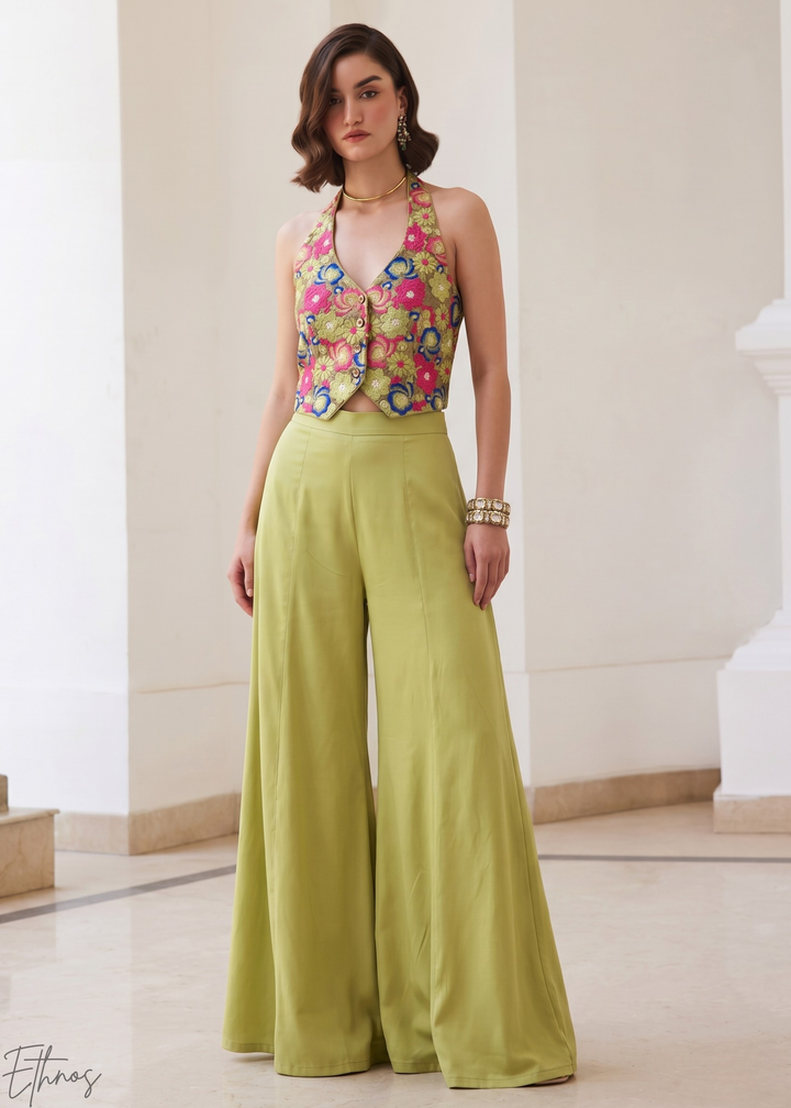 Pistachio Silk Botanical Wave Palazzo Set