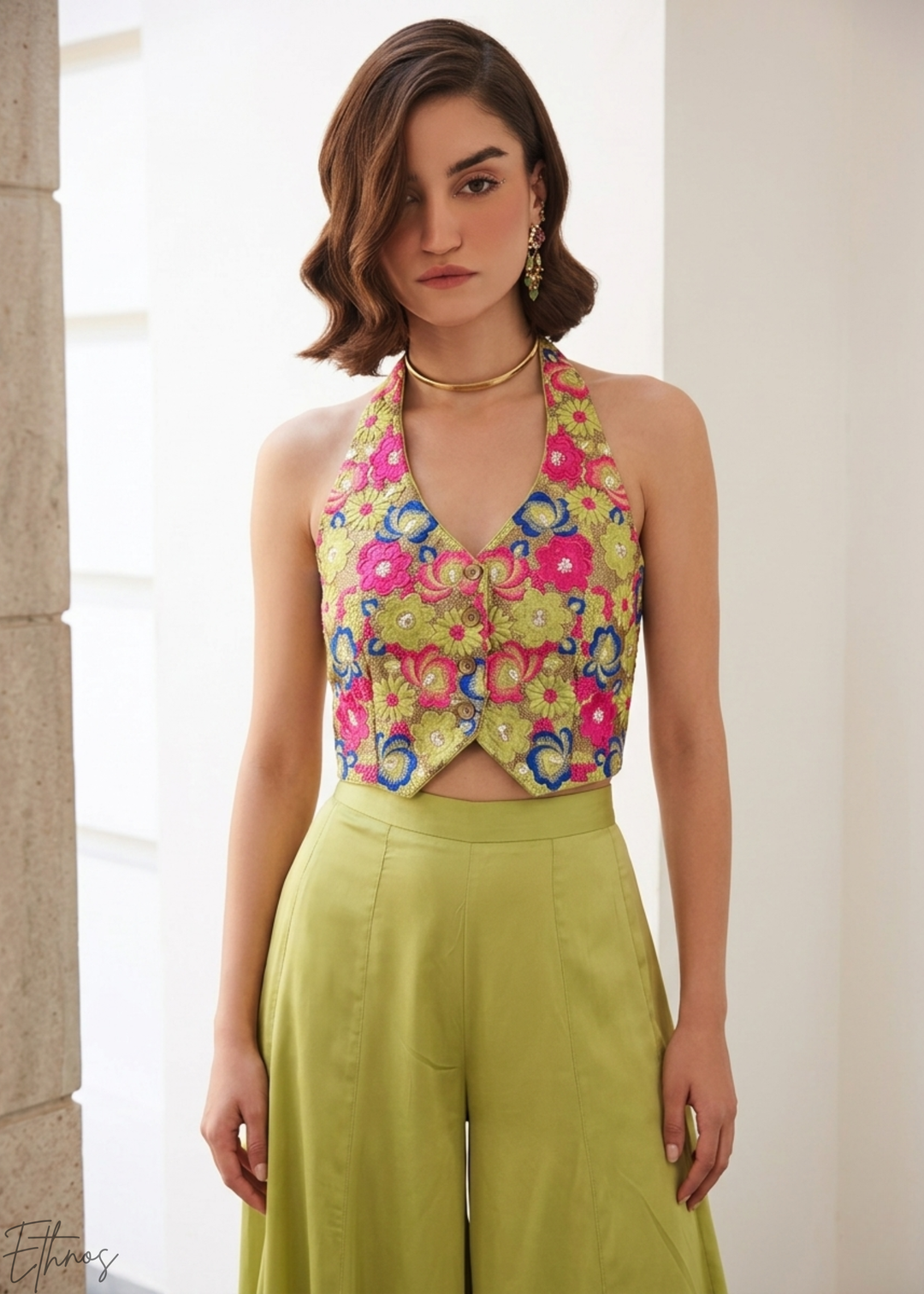 Pistachio Silk Botanical Wave Palazzo Set