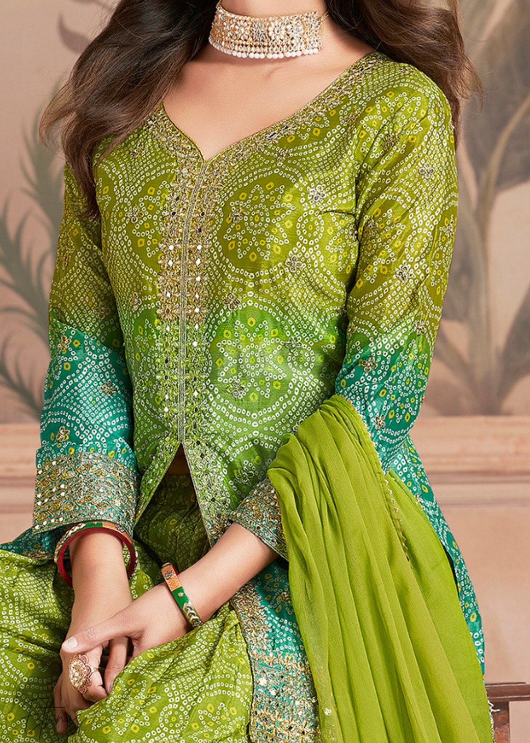 Pistachio Bloom Bandhani Chinon Sharara Suit