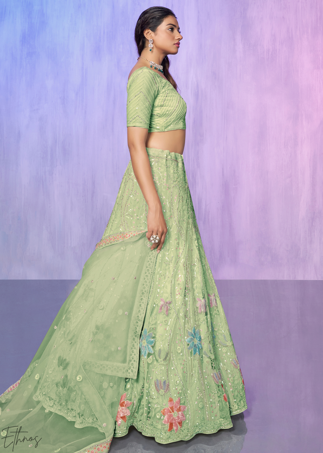 Pistachio Green Floral Embroidered Net Lehenga Choli