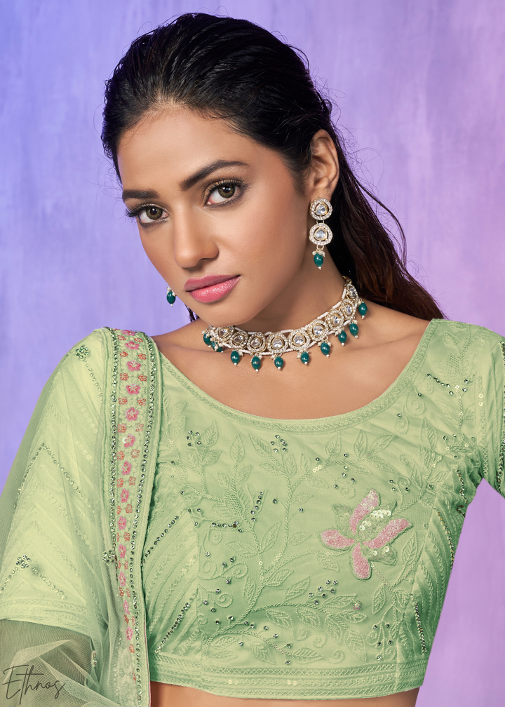 Pistachio Green Floral Embroidered Net Lehenga Choli