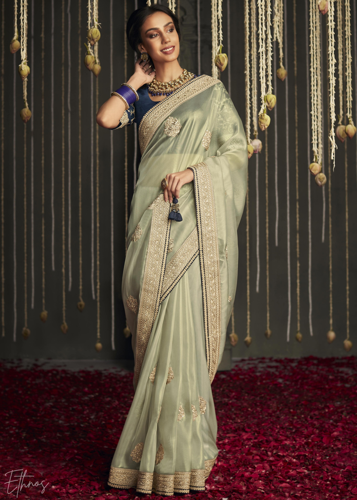 Pistachio Green Metallic Embroidered Organza Silk Saree