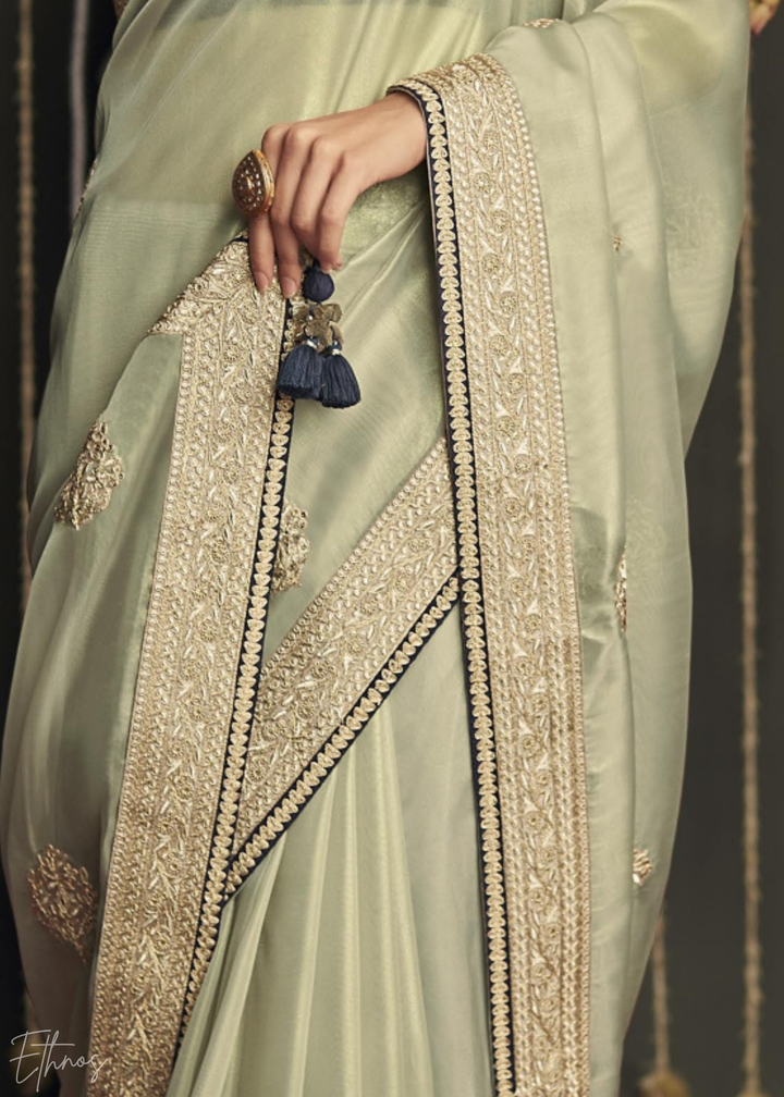 Pistachio Green Metallic Embroidered Organza Silk Saree