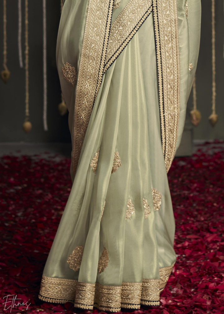 Pistachio Green Metallic Embroidered Organza Silk Saree