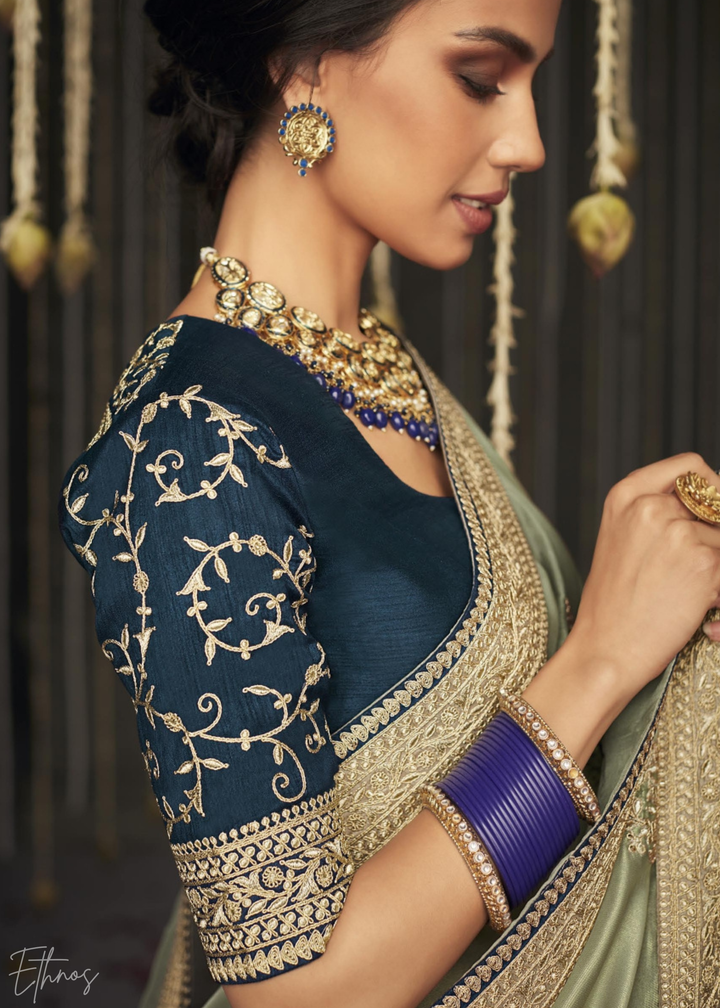 Pistachio Green Metallic Embroidered Organza Silk Saree