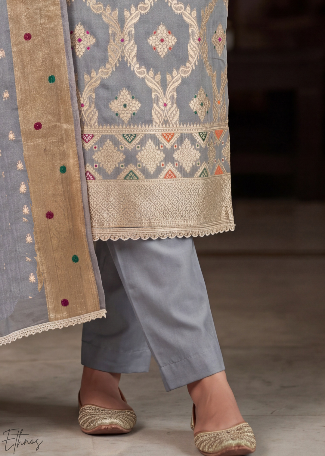 Platinum Grey Geometric Tile Banarasi Cotton Pant Suit