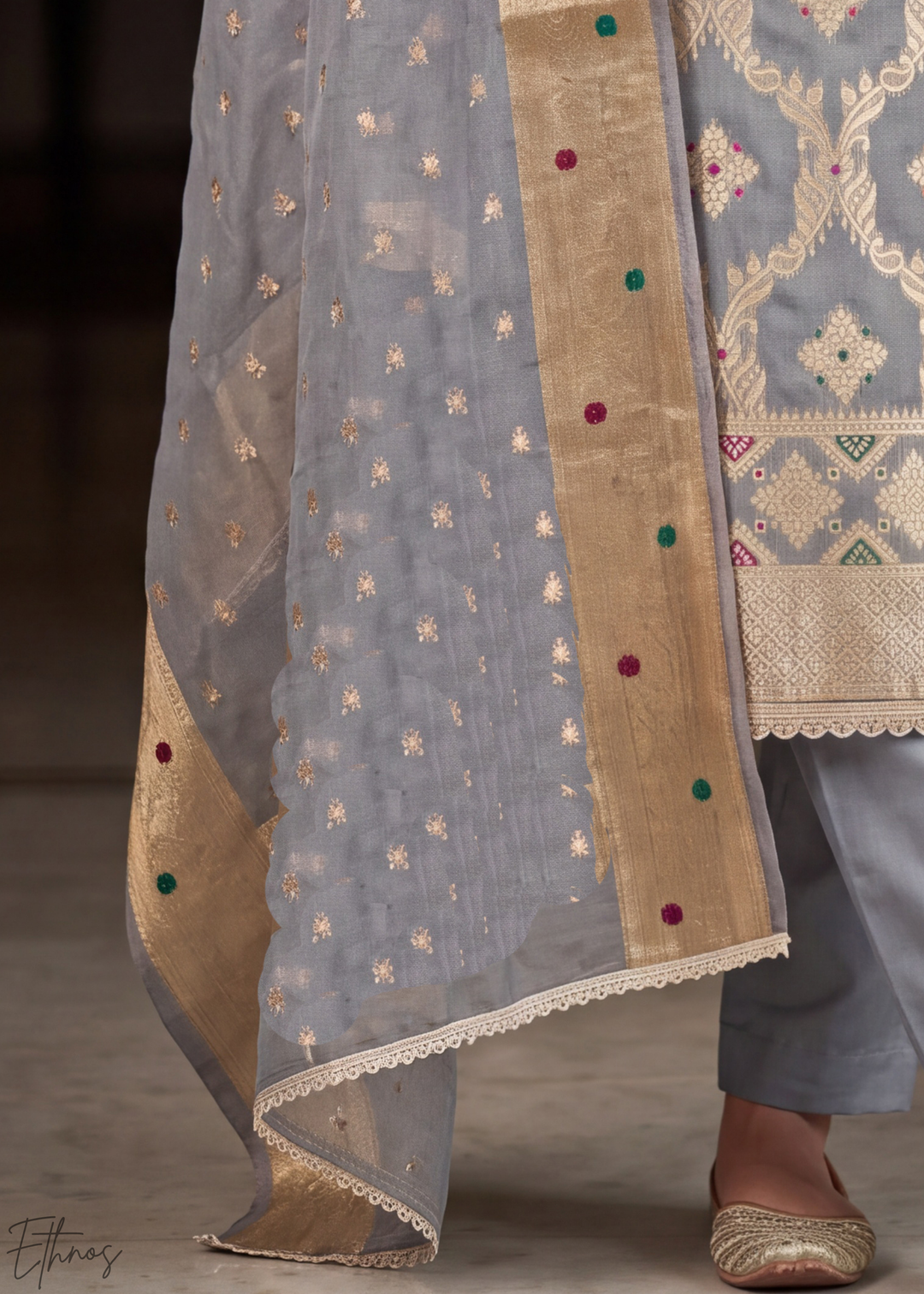 Platinum Grey Geometric Tile Banarasi Cotton Pant Suit