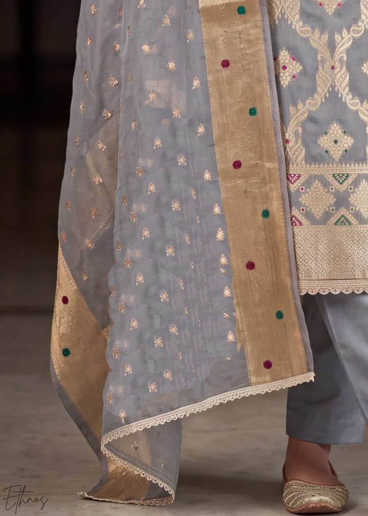 Platinum Grey Geometric Tile Banarasi Cotton Pant Suit