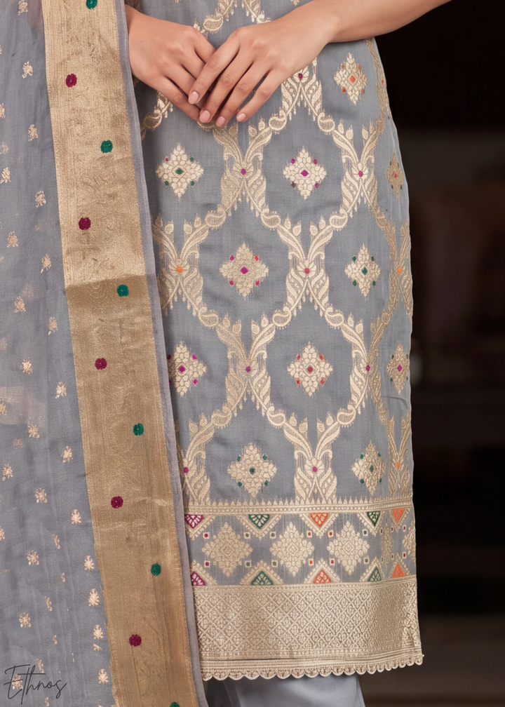 Platinum Grey Geometric Tile Banarasi Cotton Pant Suit