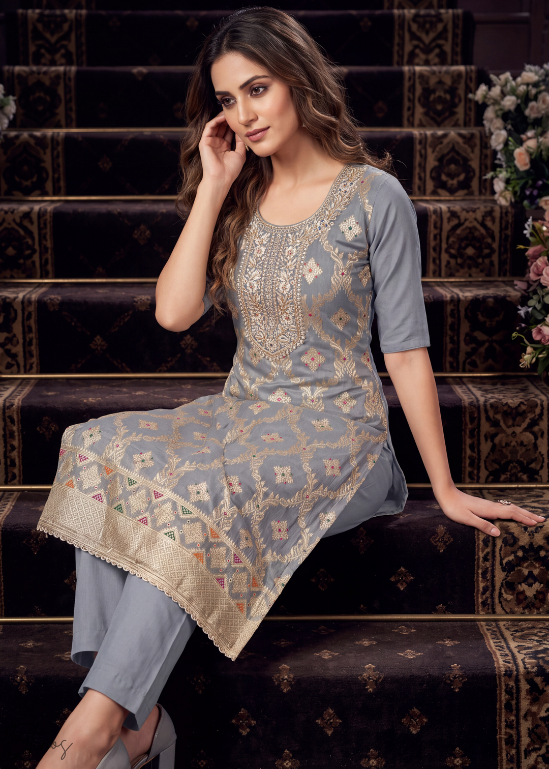 Platinum Grey Geometric Tile Banarasi Cotton Pant Suit