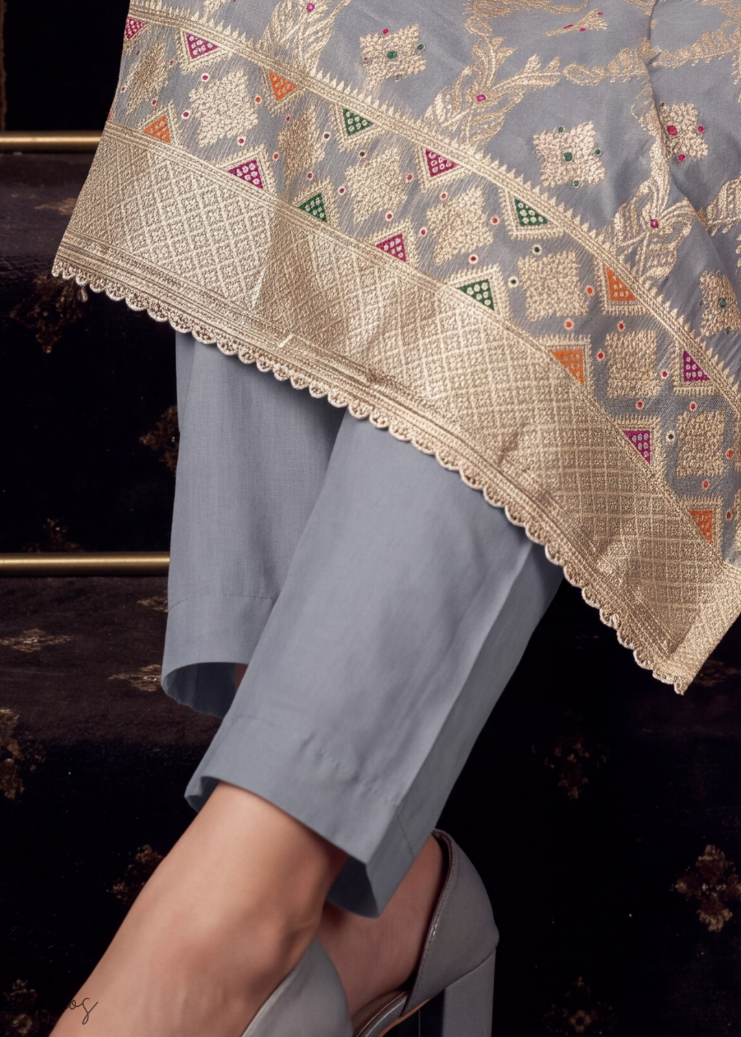 Platinum Grey Geometric Tile Banarasi Cotton Pant Suit