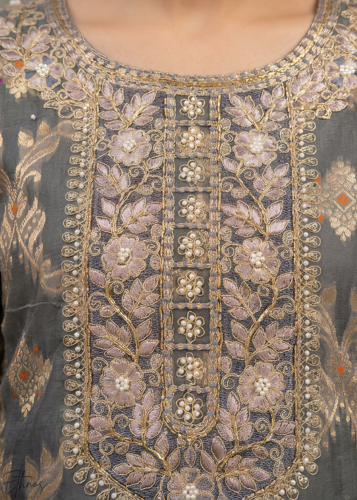 Platinum Grey Geometric Tile Banarasi Cotton Pant Suit