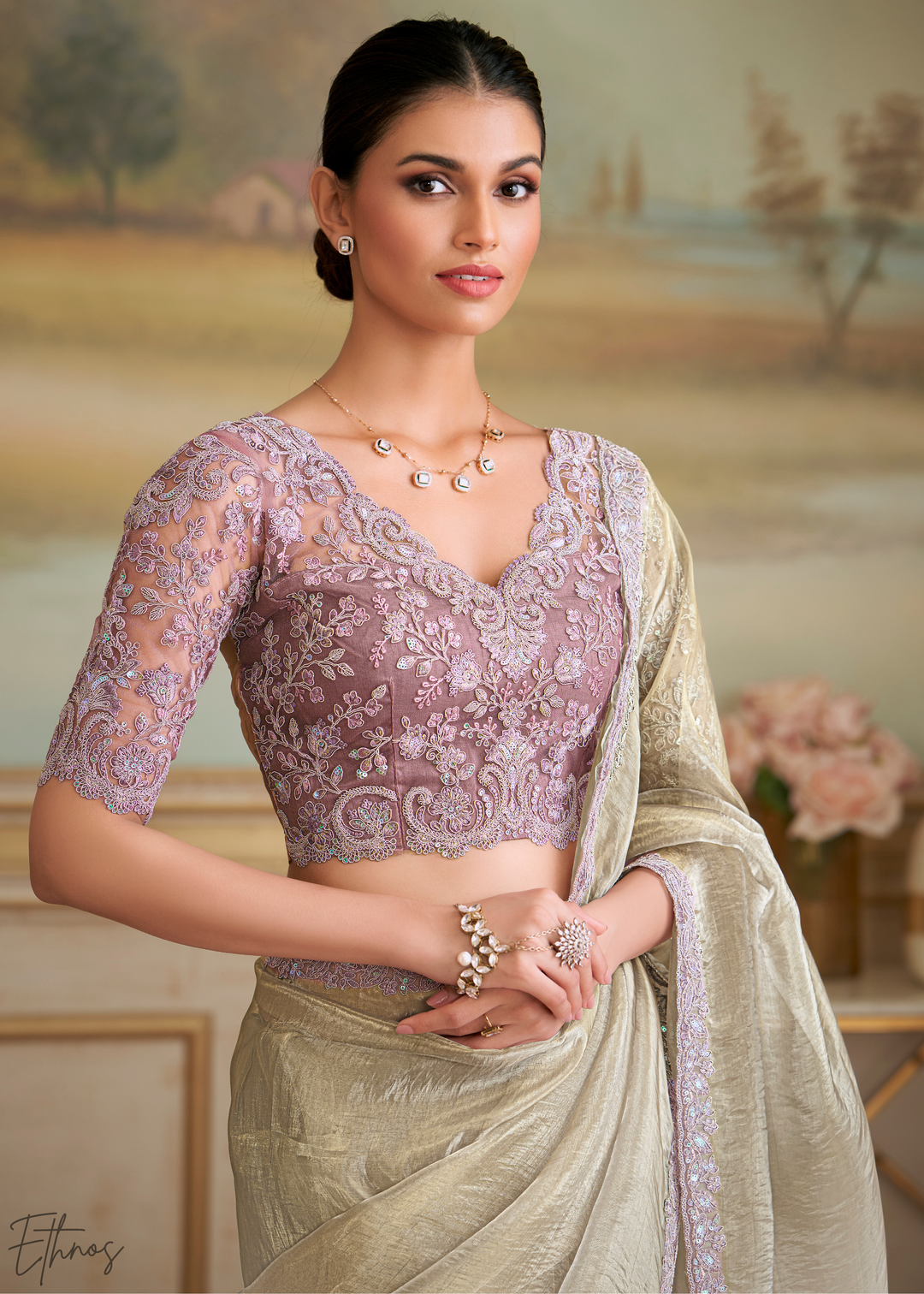 Platinum Grey Sheer Tissue Georgette Saree
