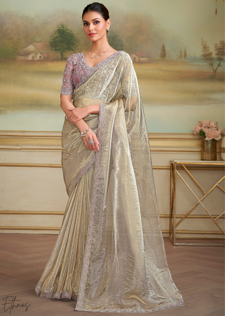 Platinum Grey Sheer Tissue Georgette Saree