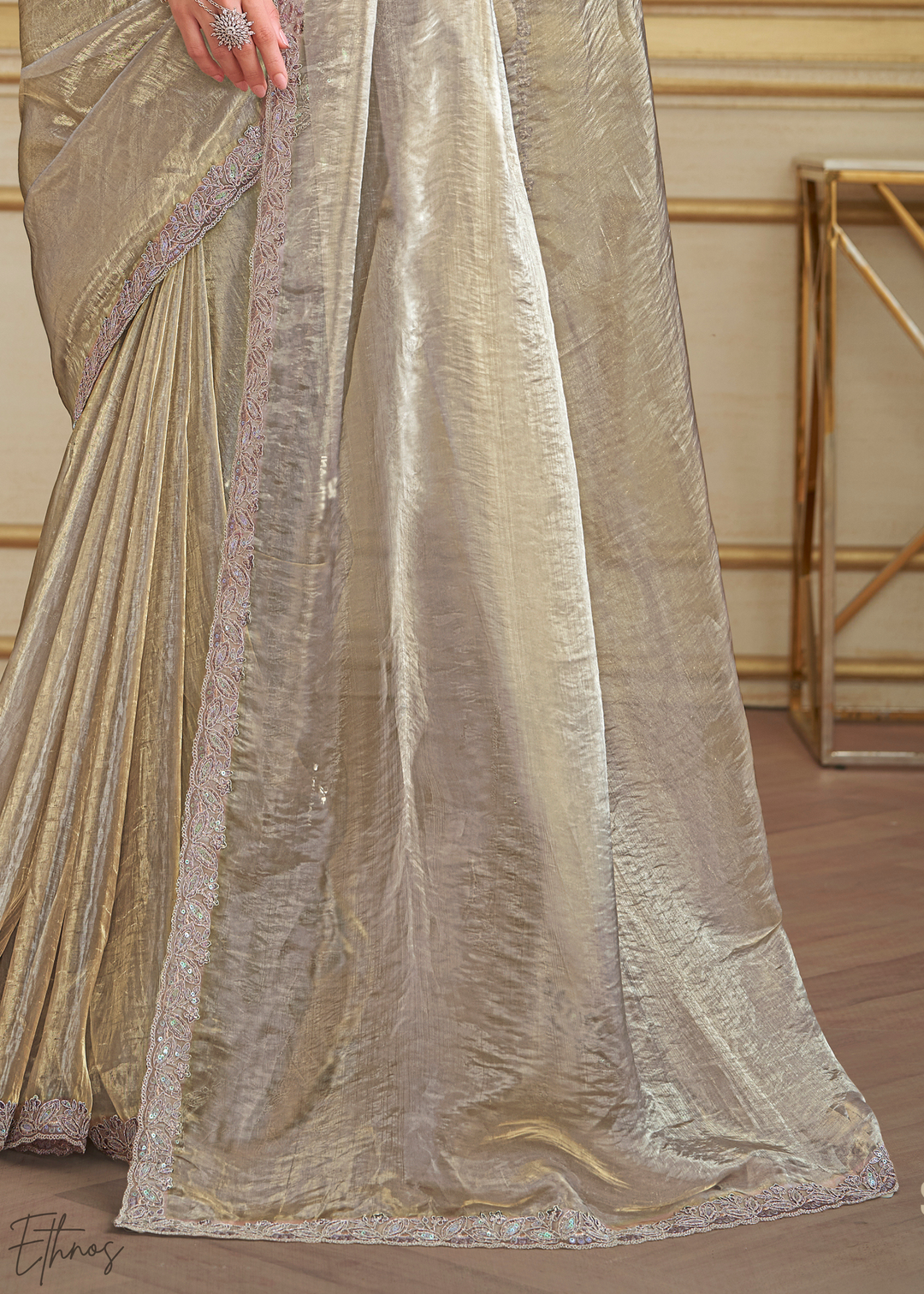 Platinum Grey Sheer Tissue Georgette Saree