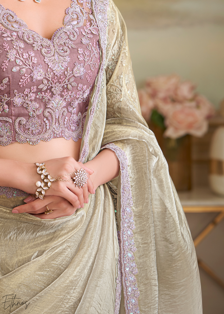 Platinum Grey Sheer Tissue Georgette Saree