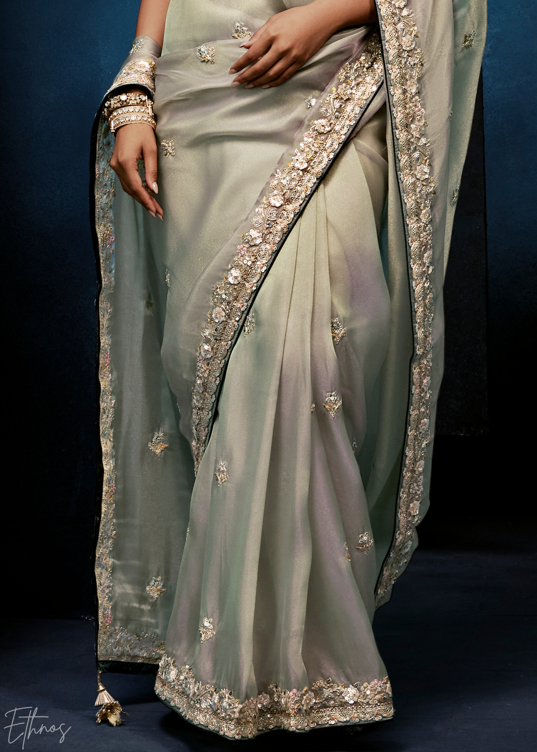 Platinum Grey Tambour Embroidered Border Tissue Saree