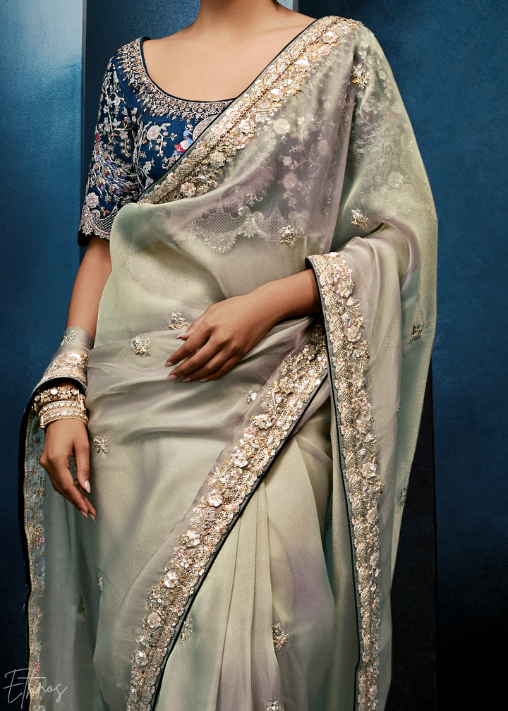 Platinum Grey Tambour Embroidered Border Tissue Saree